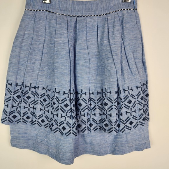 Anthropologie Odille Chambray‎ Skirt Embroidered Pleated Women's Size 4 Prairie - Picture 1 of 8